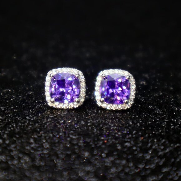 Women's Square Birthstone Cubic Zirconia Mall Dainty Purple Elegant Earring - Picture 4 of 6